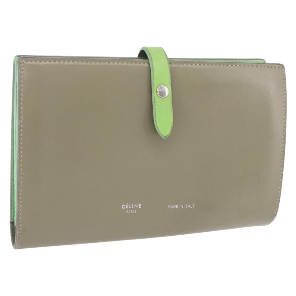 CELINE Bifold Wallet Leather Beige Green Auth ar14185