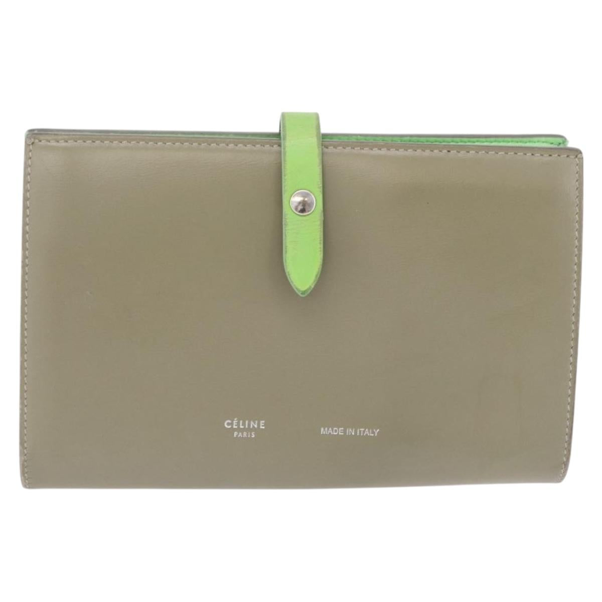 CELINE Bifold Wallet Leather Beige Green Auth ar14185