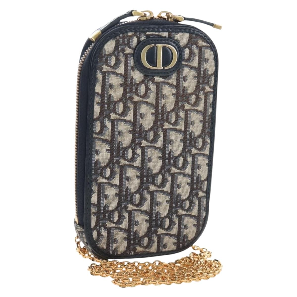 Christian Dior Oblique Jacquard Phone Shoulder Pouch Navy Gold Auth ar14186V