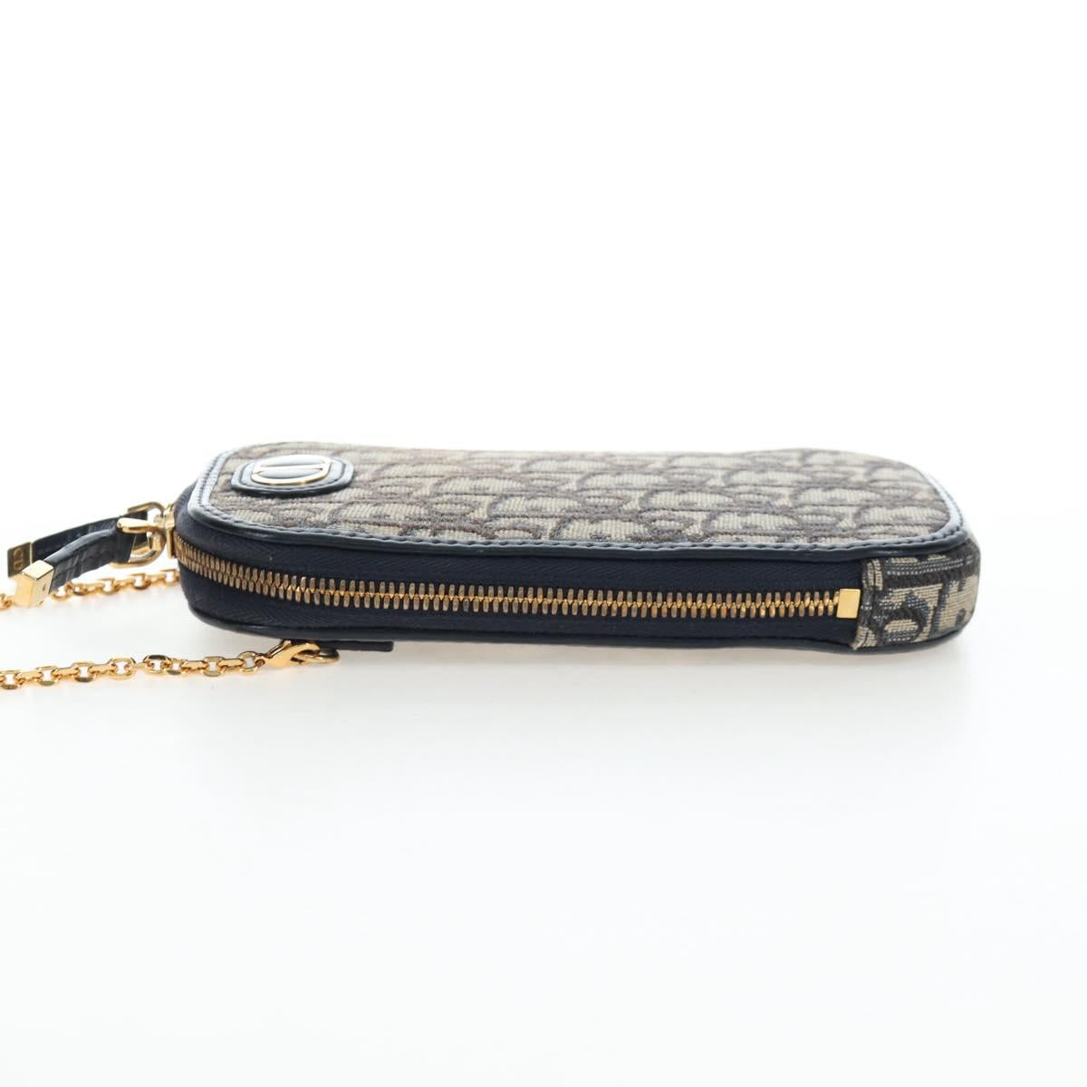 Christian Dior Oblique Jacquard Phone Shoulder Pouch Navy Gold Auth ar14186V