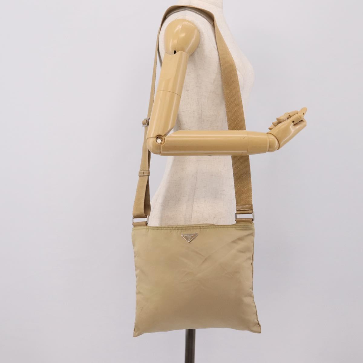 PRADA Shoulder Bag Nylon Beige Silver Auth ar14195