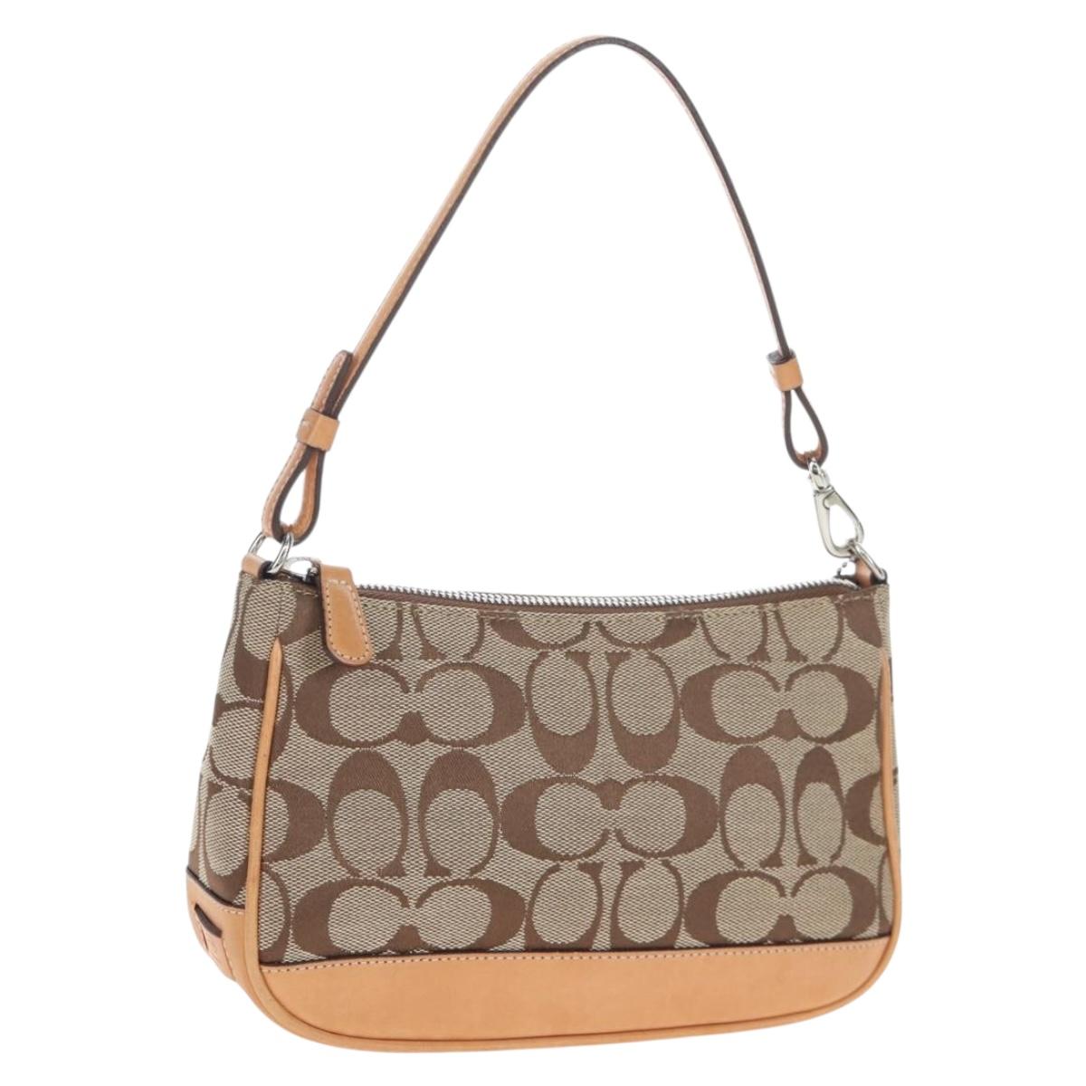 Coach Signature Hand Bag Canvas Beige Silver Auth ar14259A
