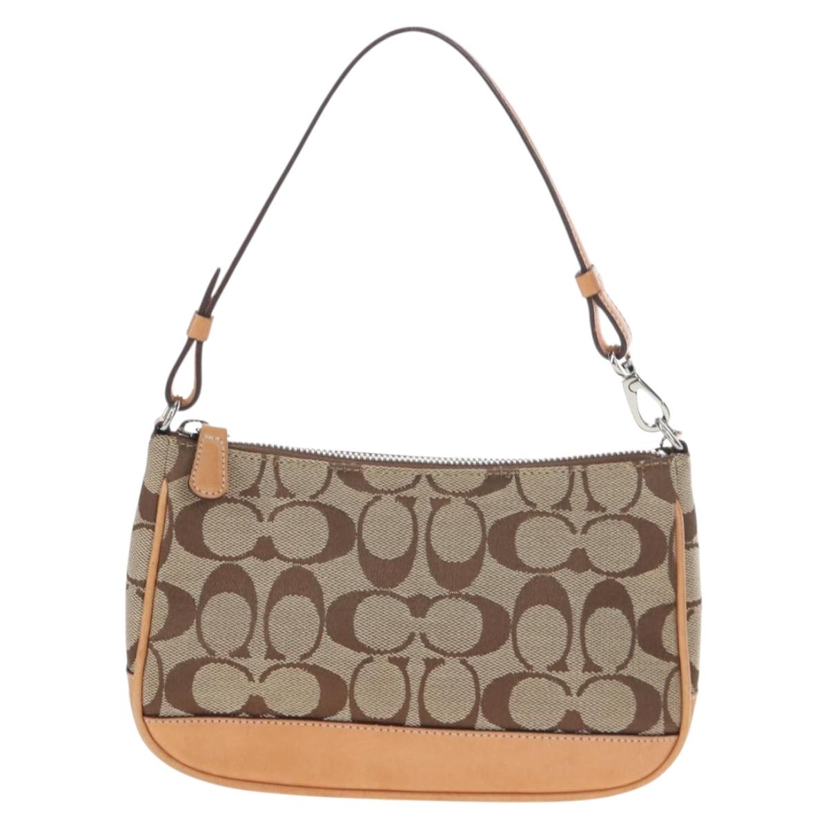 Coach Signature Hand Bag Canvas Beige Silver Auth ar14259A