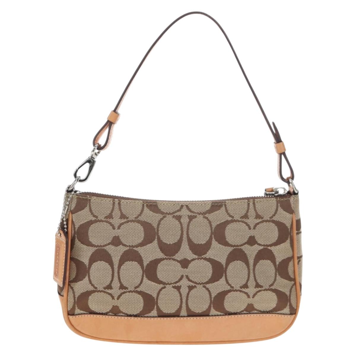 Coach Signature Hand Bag Canvas Beige Silver Auth ar14259A
