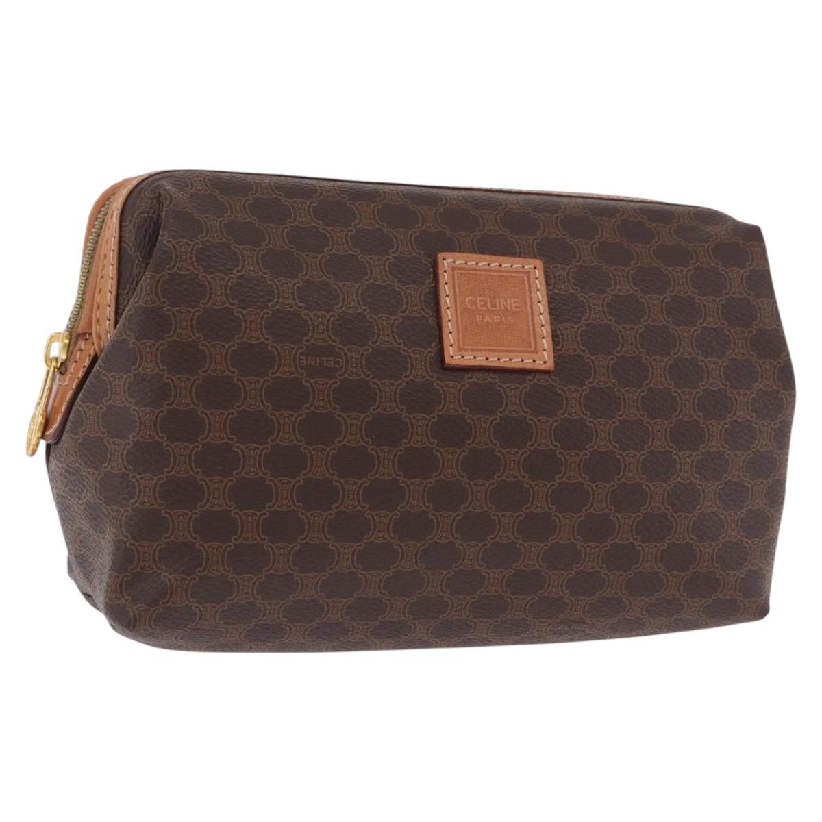 CELINE Macadam Pouch PVC Leather Brown Gold Tone Auth ar14260A