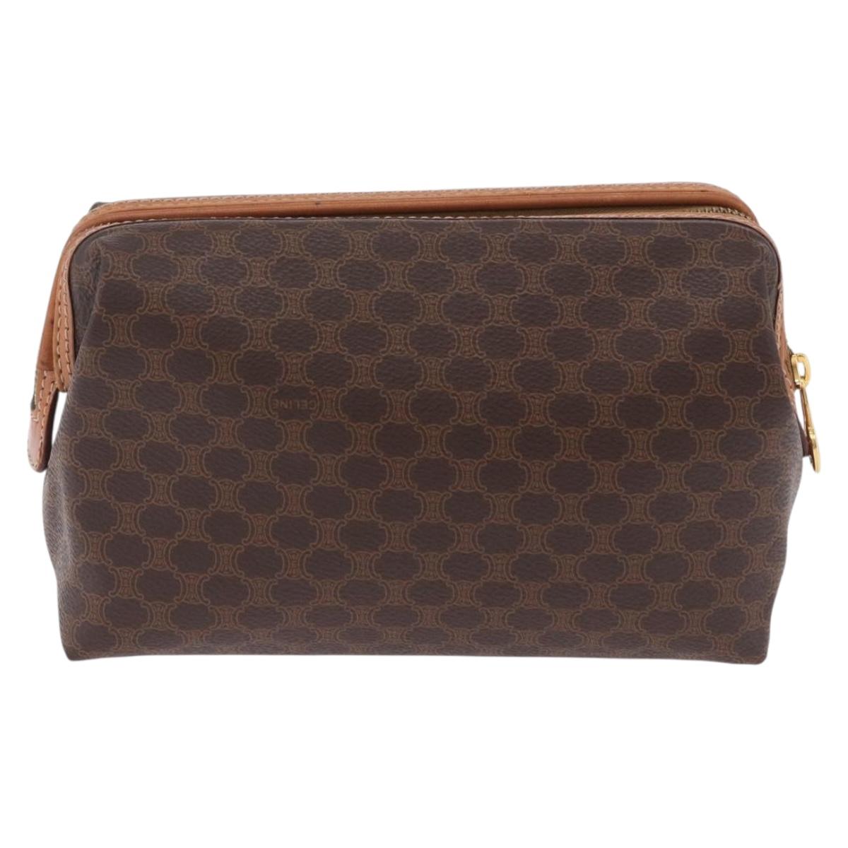 CELINE Macadam Pouch PVC Leather Brown Gold Tone Auth ar14260A