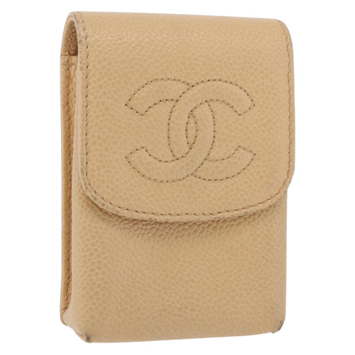 CHANEL Cigarette Case Caviar Skin Cream Gold CC Auth ar14283