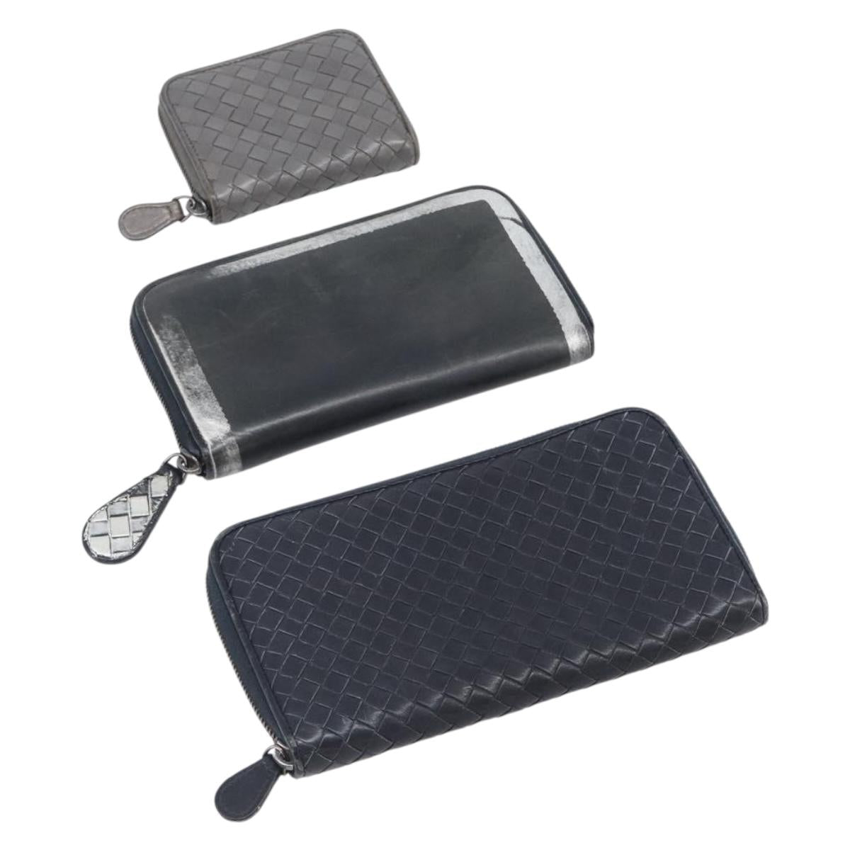 BOTTEGA VENETA INTRECCIATO Wallet Leather 3 Set Black Gray Auth ar14292