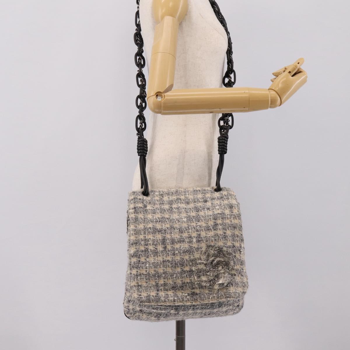 CHANEL Shoulder Bag Tweed Gray Silver CC Auth ar14307SAM