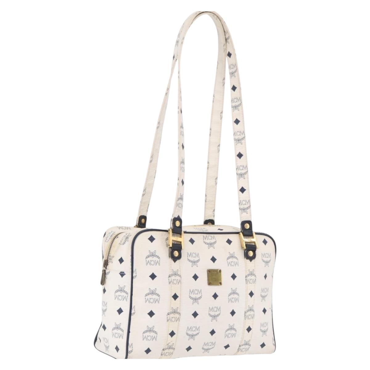 MCM Vicetos Logogram Shoulder Bag PVC Leather White Gold Auth ar14345