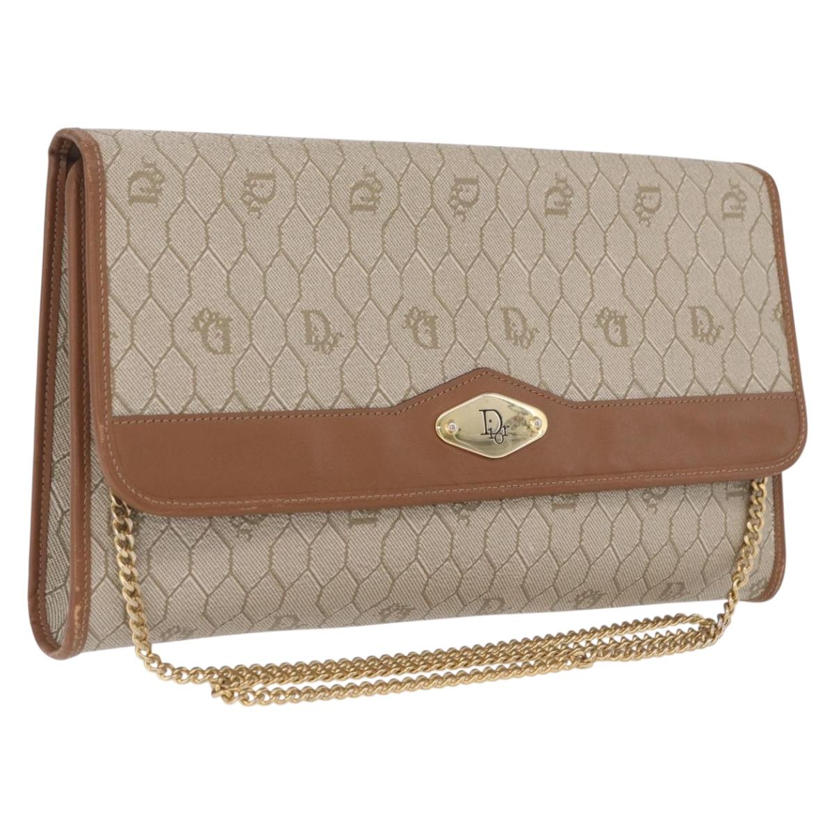 Christian Dior Honeycomb Canvas Chain Shoulder Bag PVC Beige Gold Auth ar14359