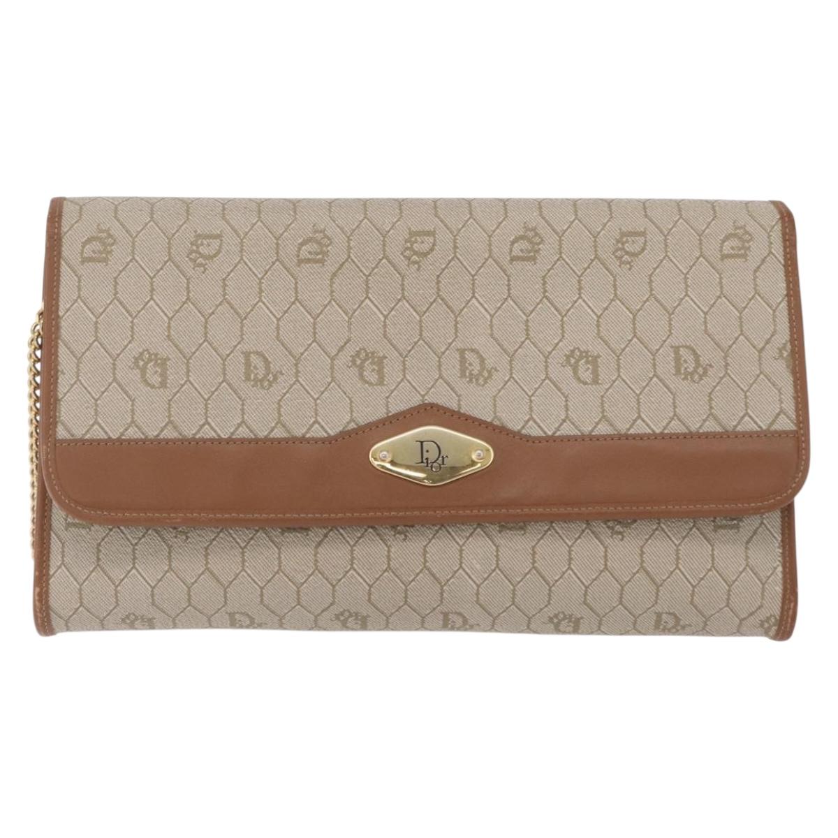 Christian Dior Honeycomb Canvas Chain Shoulder Bag PVC Beige Gold Auth ar14359