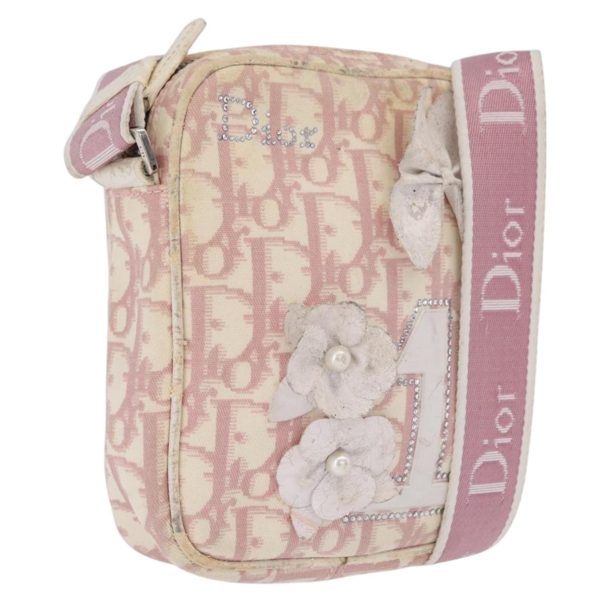Christian Dior Trotter Canvas Shoulder Bag PVC Pink Silver Auth ar14360