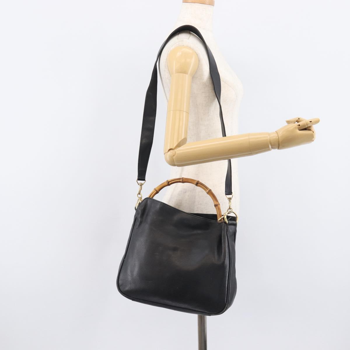 GUCCI Bamboo Hand Bag Leather 2way Black Gold 001 2113 1638 Auth ar14383
