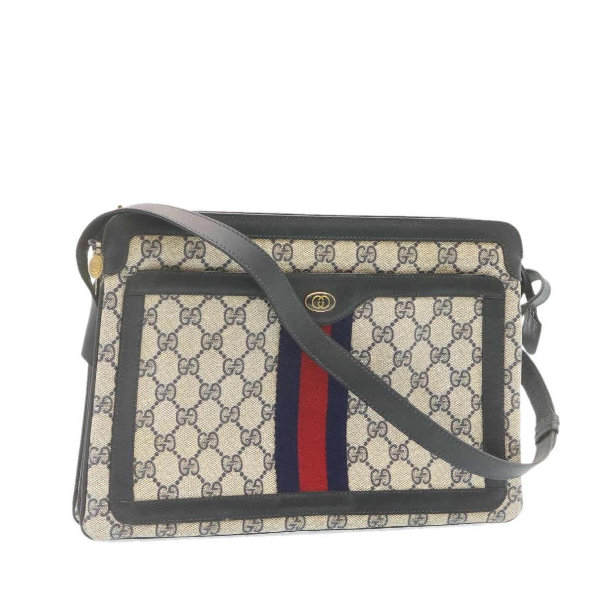 GUCCI Sherry Line GG Canvas Shoulder Bag PVC Leather Red Navy Auth ar4424