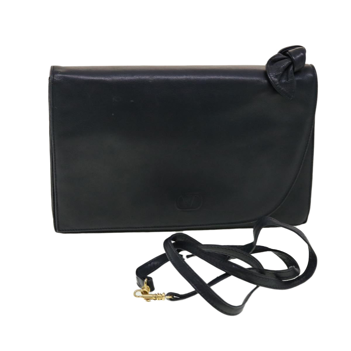 VALENTINO Clutch Shoulder Bag Leather 2Set Navy Black Auth ar9401