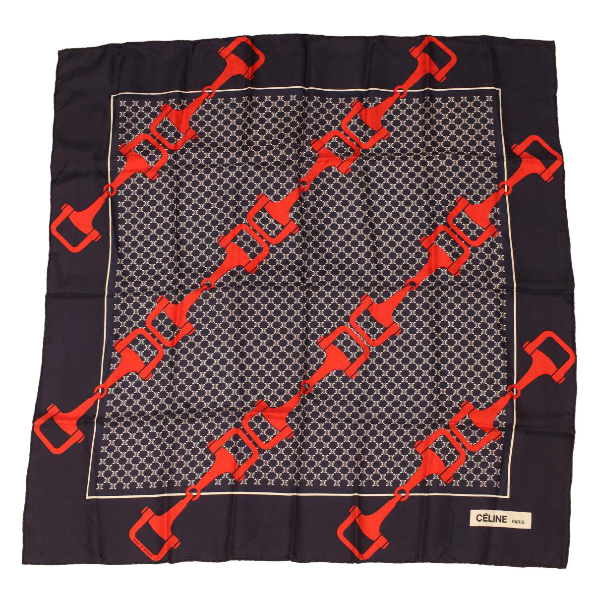 CELINE Macadam Canvas Scarf Silk Navy Red Auth ar9644