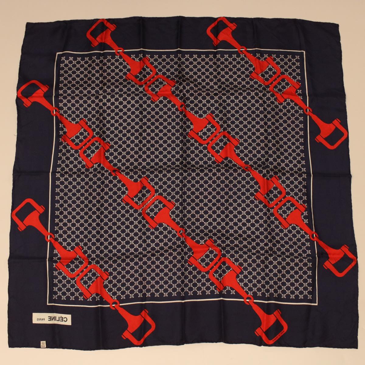 CELINE Macadam Canvas Scarf Silk Navy Red Auth ar9644