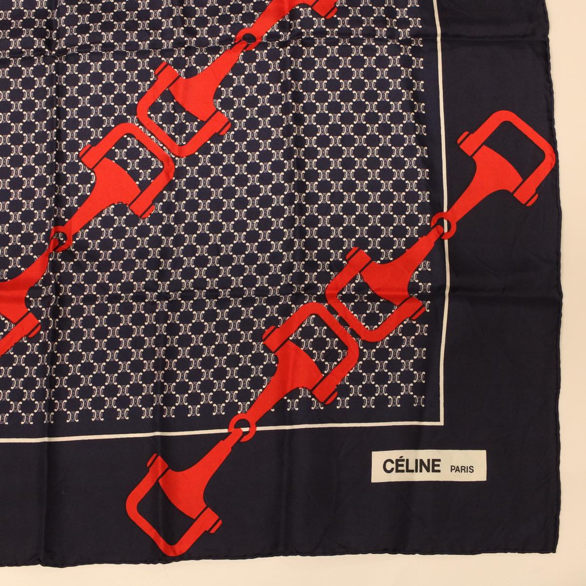 CELINE Macadam Canvas Scarf Silk Navy Red Auth ar9644