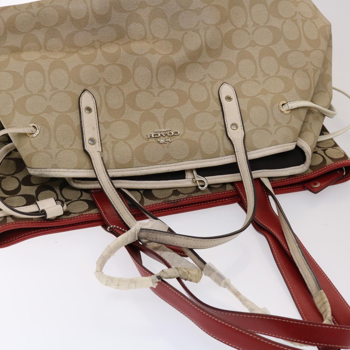 Coach Signature Shoulder Bag Canvas Leather 3Set Beige Red Auth ar9784