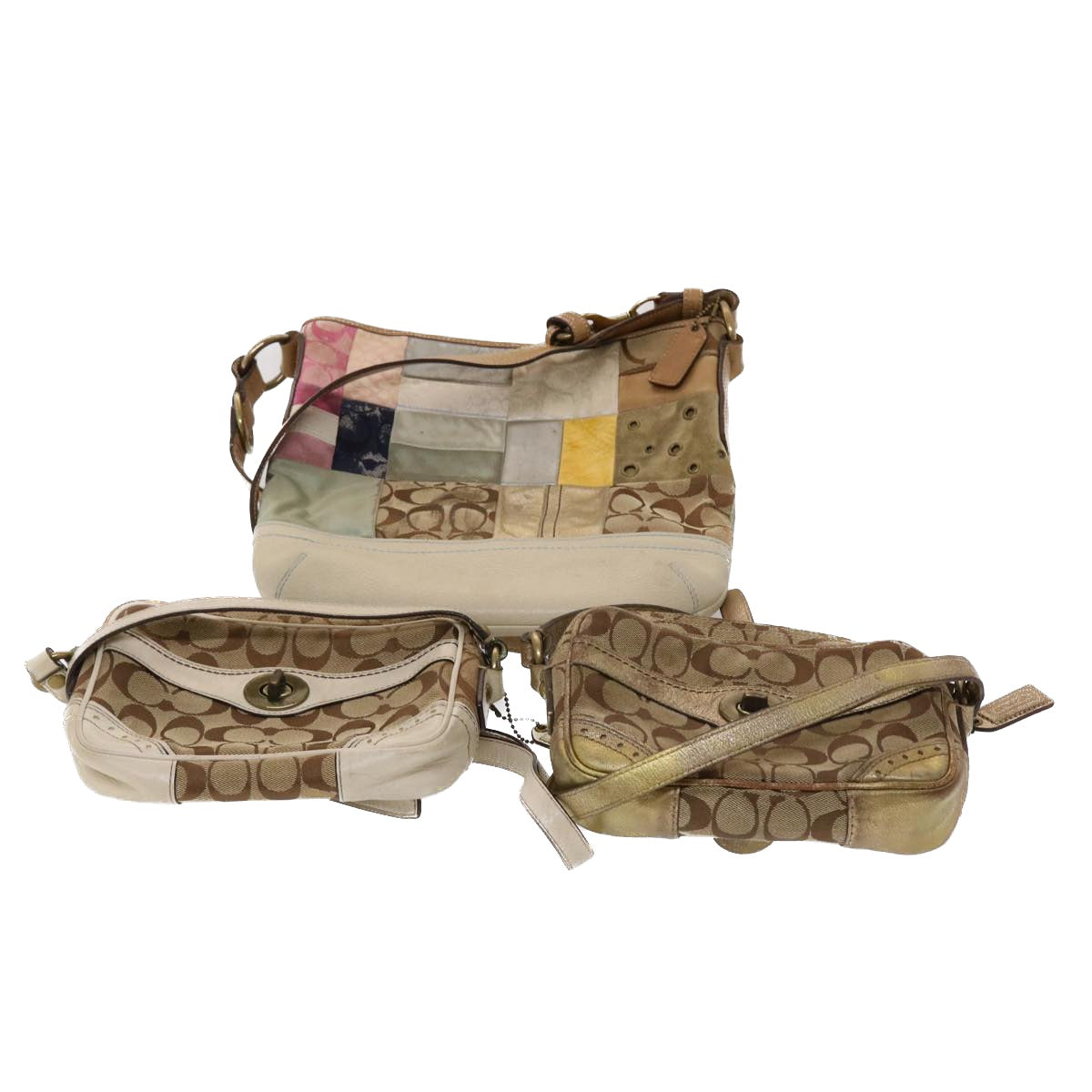 Coach Signature Shoulder Bag Canvas Leather 3Set Beige Auth ar9790