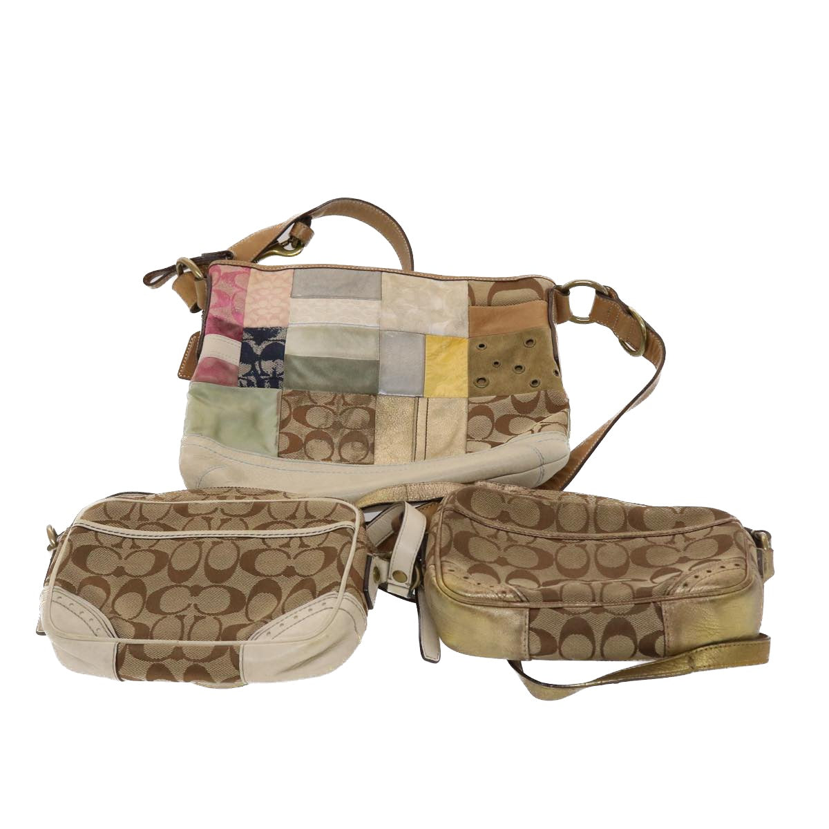 Coach Signature Shoulder Bag Canvas Leather 3Set Beige Auth ar9790