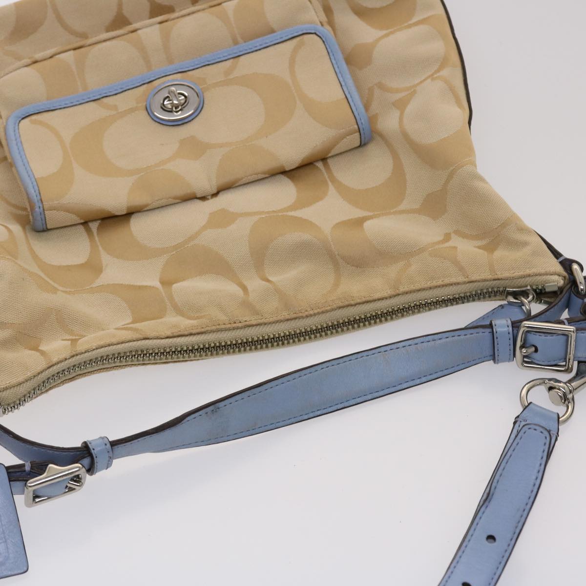 Coach Signature Shoulder Bag Nylon Enamel 3Set Beige Light Blue Auth ar9858