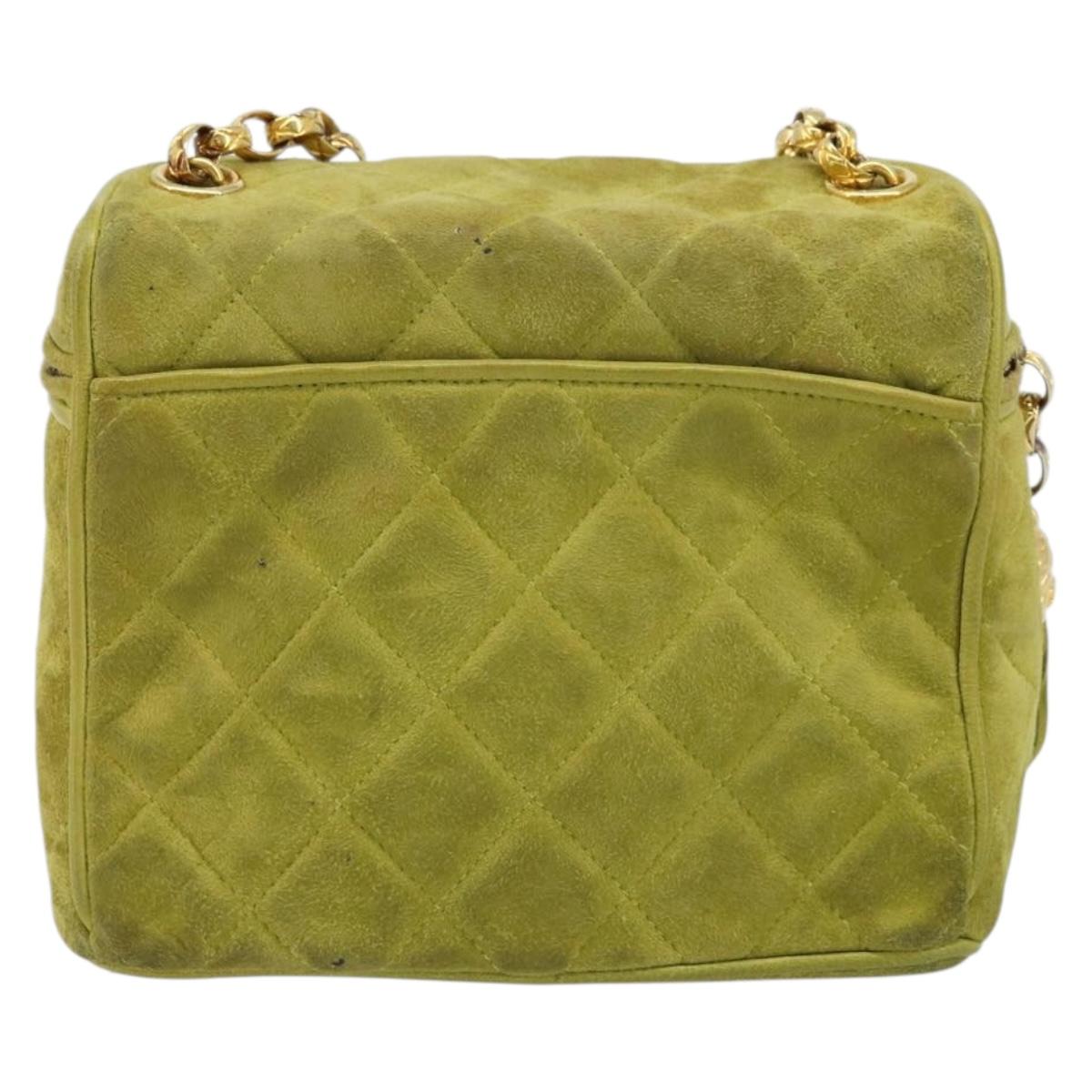 CHANEL Chain Matelasse Shoulder Bag Suede Green Gold CC Auth ARZ019A