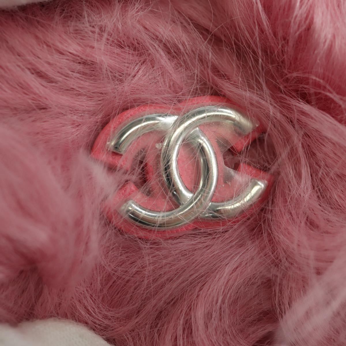 CHANEL Pouch Fur Pink Silver CC Auth ARZ032SAM