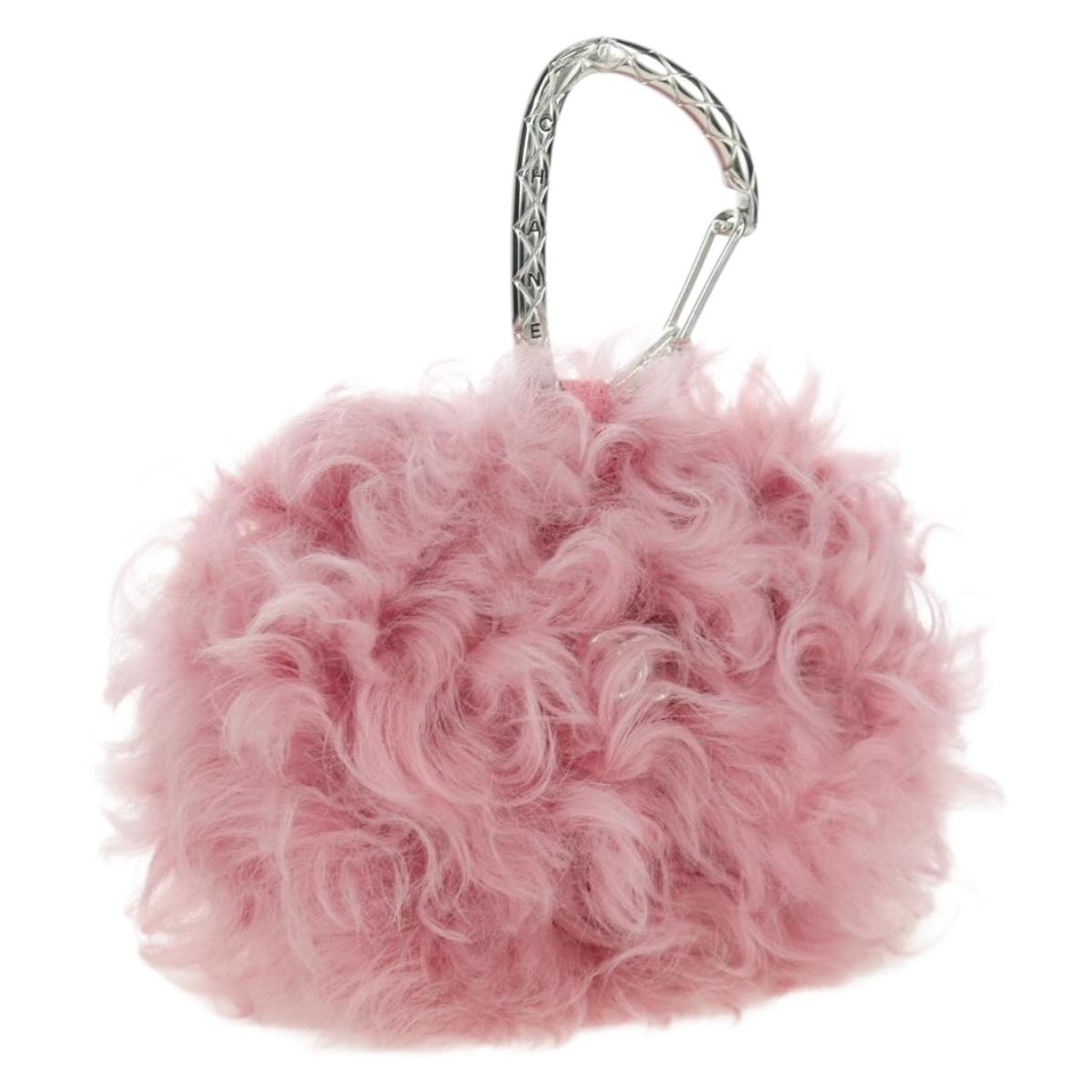 CHANEL Pouch Fur Pink Silver CC Auth ARZ032SAM