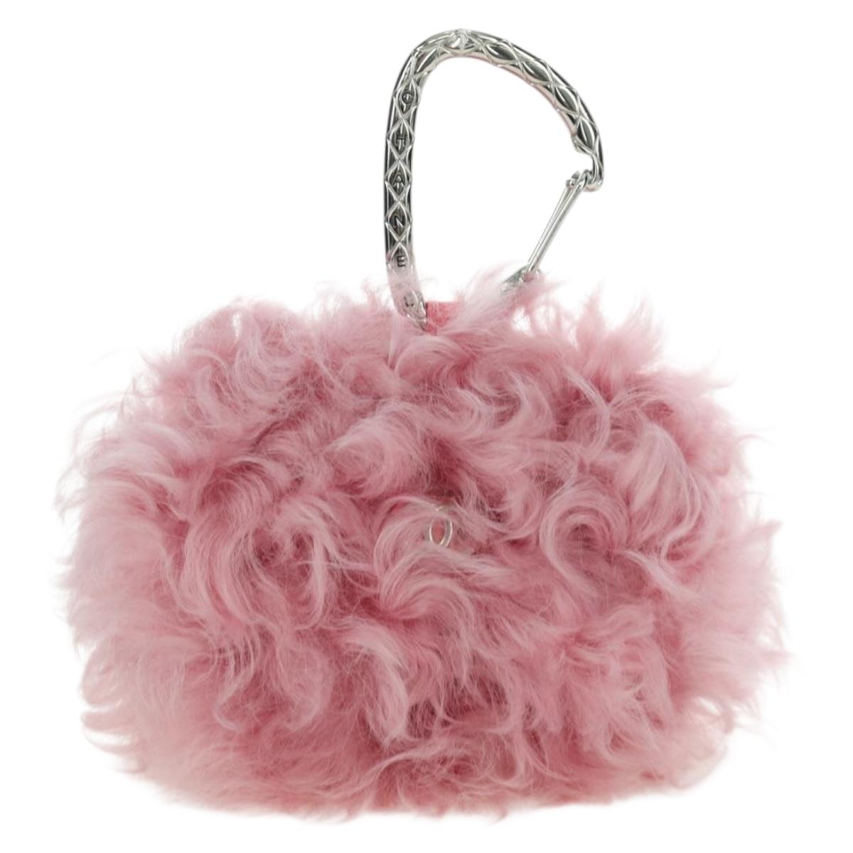 CHANEL Pouch Fur Pink Silver CC Auth ARZ032SAM