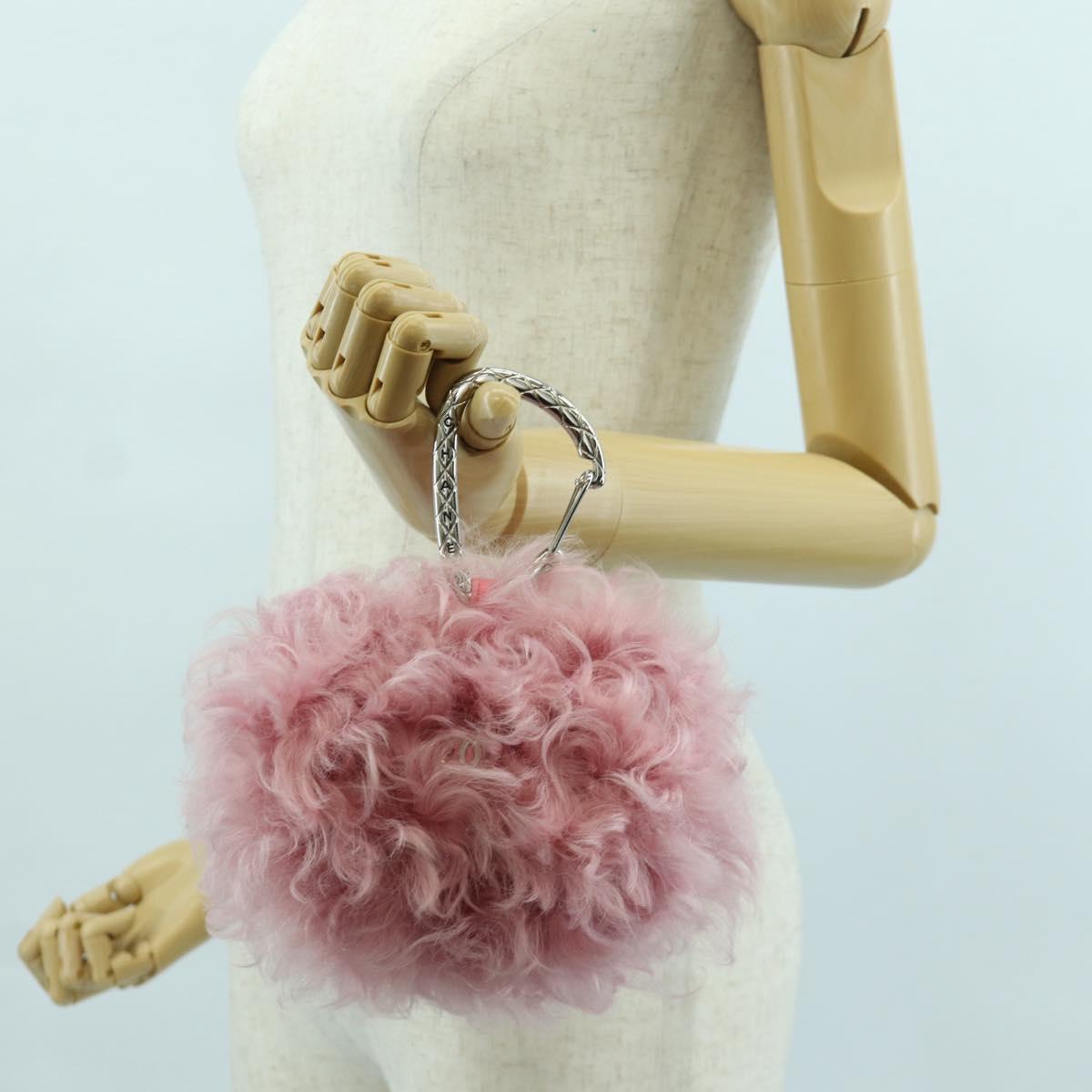 CHANEL Pouch Fur Pink Silver CC Auth ARZ032SAM