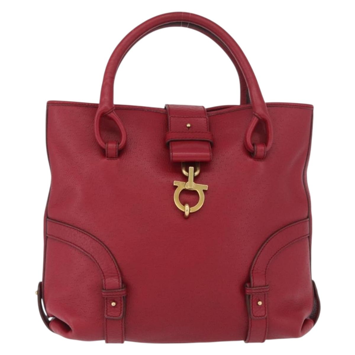 Salvatore Ferragamo Gancini Hand Bag Leather Red Gold Auth ARZ035A