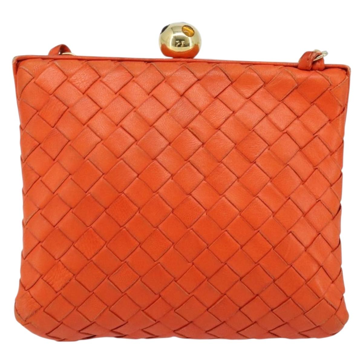 BOTTEGA VENETA INTRECCIATO Chain Shoulder Bag Leather Orange Gold Auth ARZ039A
