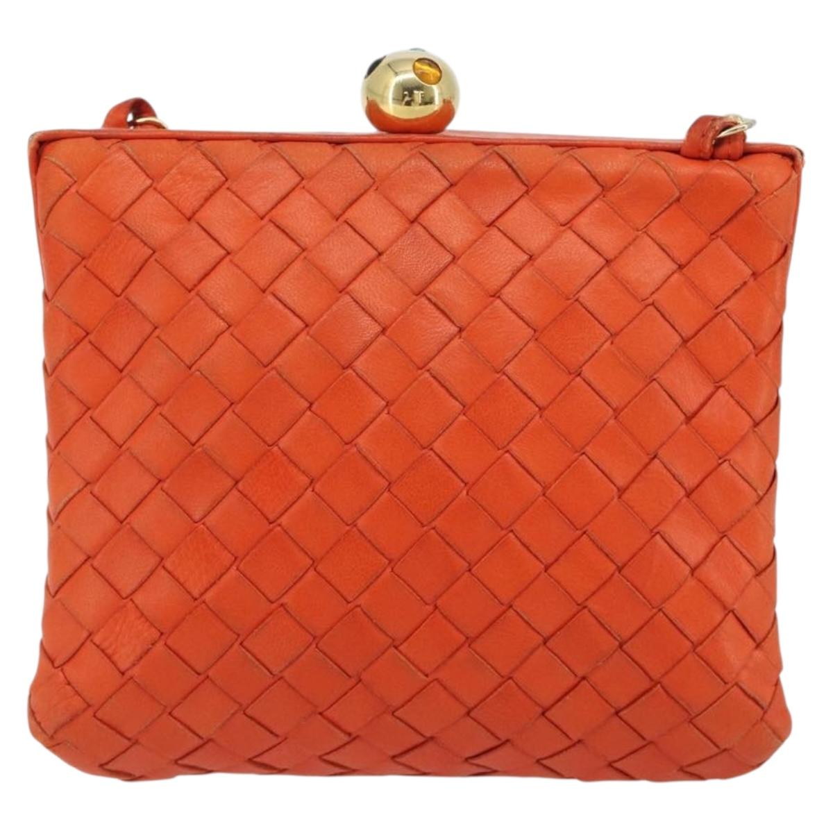 BOTTEGA VENETA INTRECCIATO Chain Shoulder Bag Leather Orange Gold Auth ARZ039A