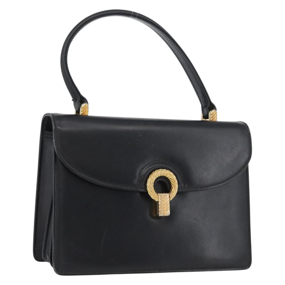 GUCCI Hand Bag Leather Black Gold Auth ARZ052