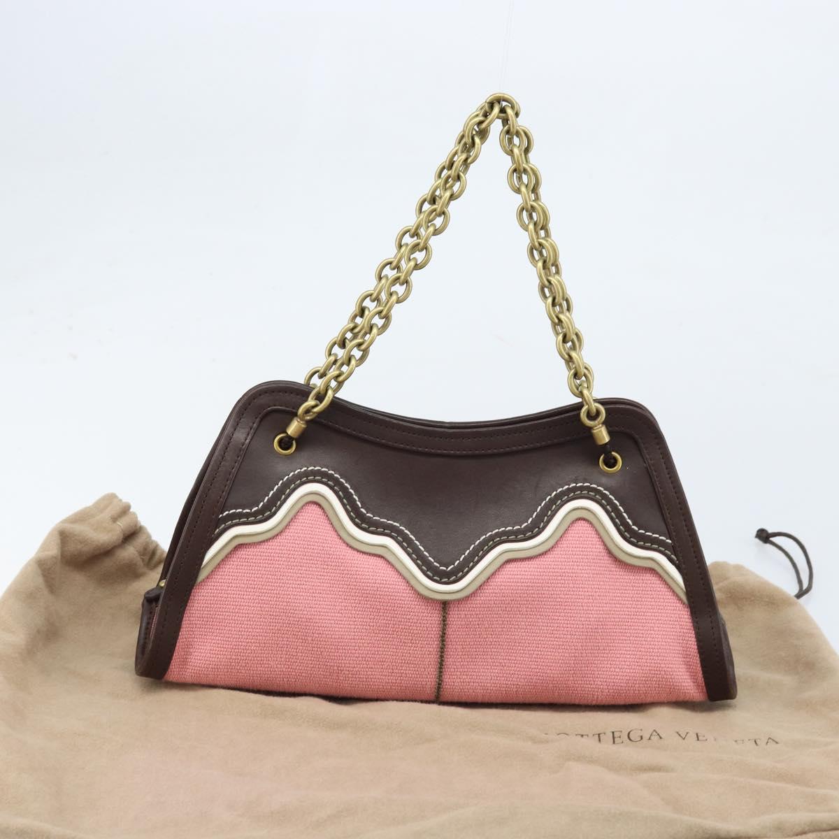 BOTTEGA VENETA Chain Hand Bag Leather Canvas 2way Outlet Pink Gold Auth ARZ067V