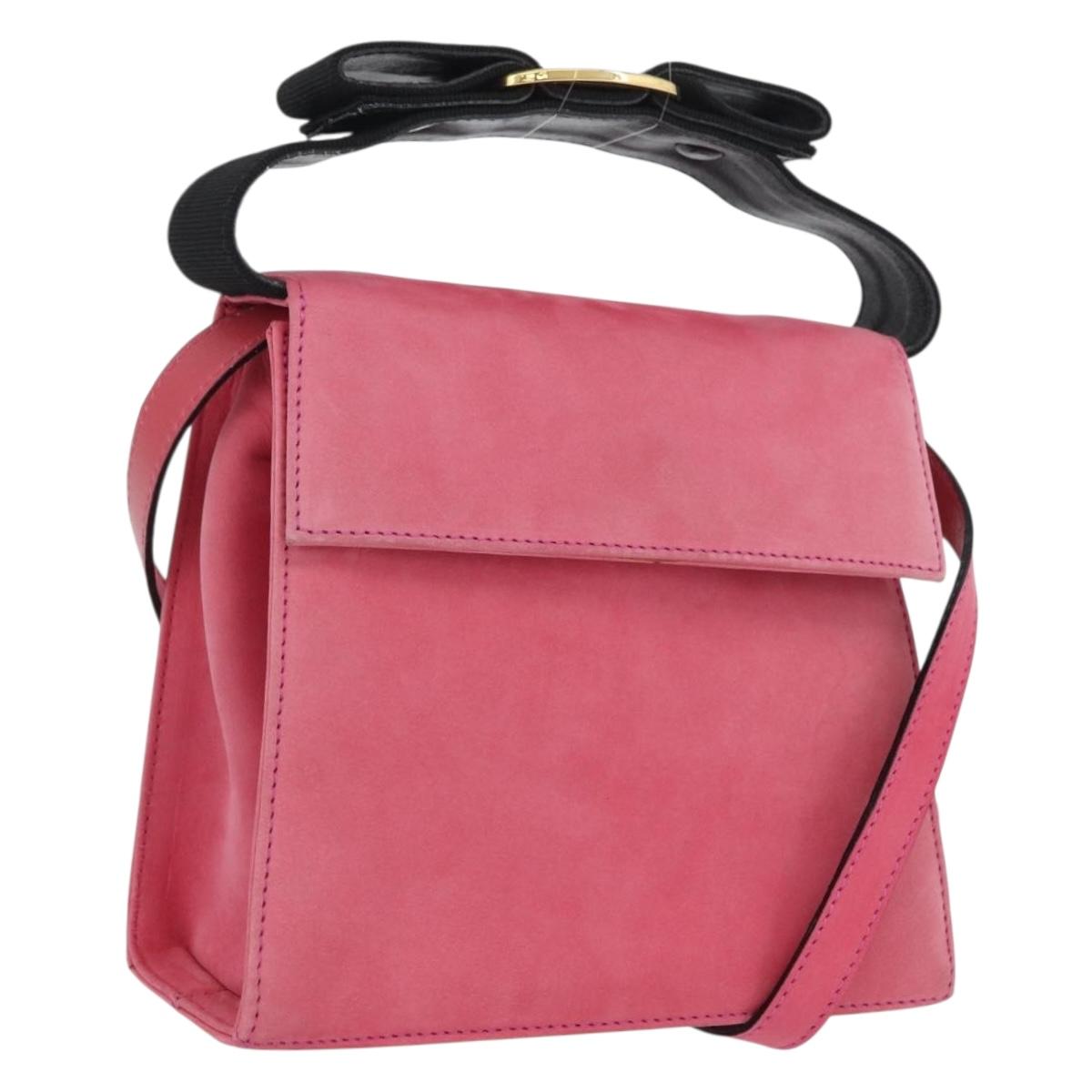 Salvatore Ferragamo Vala Hand Bag Suede 2way Pink Gold Auth ARZ075A