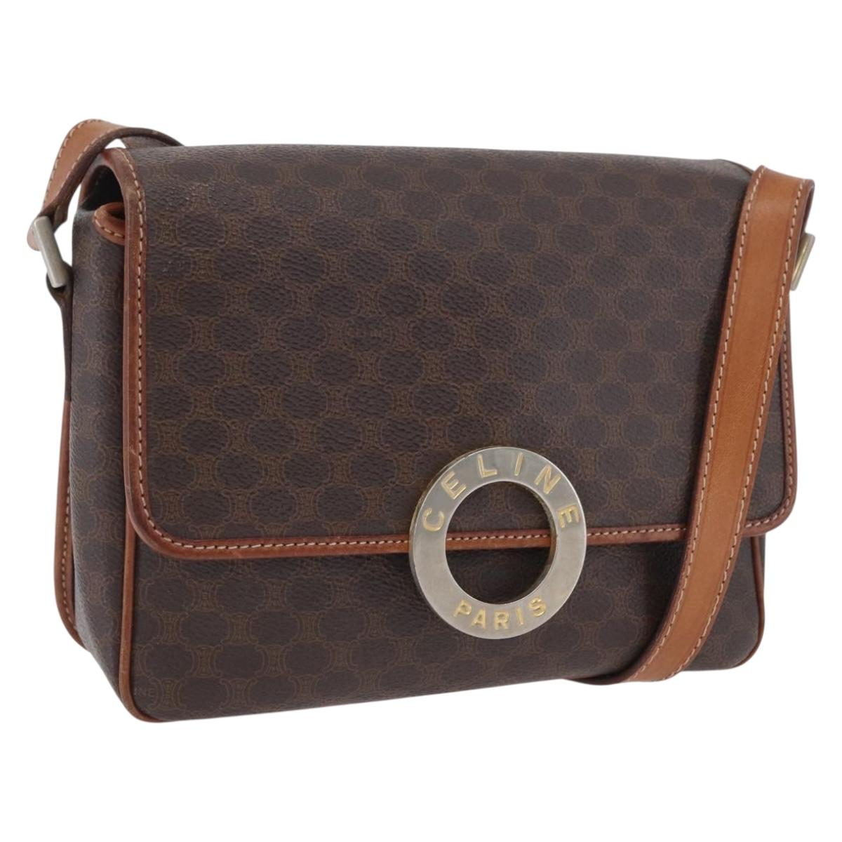 CELINE Macadam Canvas Circle Shoulder Bag PVC Leather Brown Gold Auth ARZ089
