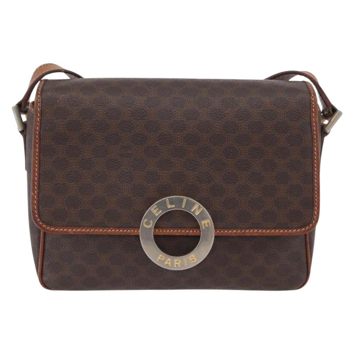 CELINE Macadam Canvas Circle Shoulder Bag PVC Leather Brown Gold Auth ARZ089