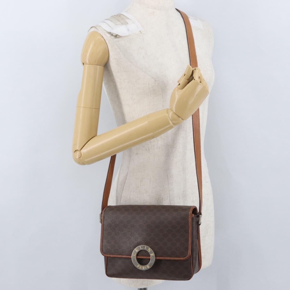 CELINE Macadam Canvas Circle Shoulder Bag PVC Leather Brown Gold Auth ARZ089