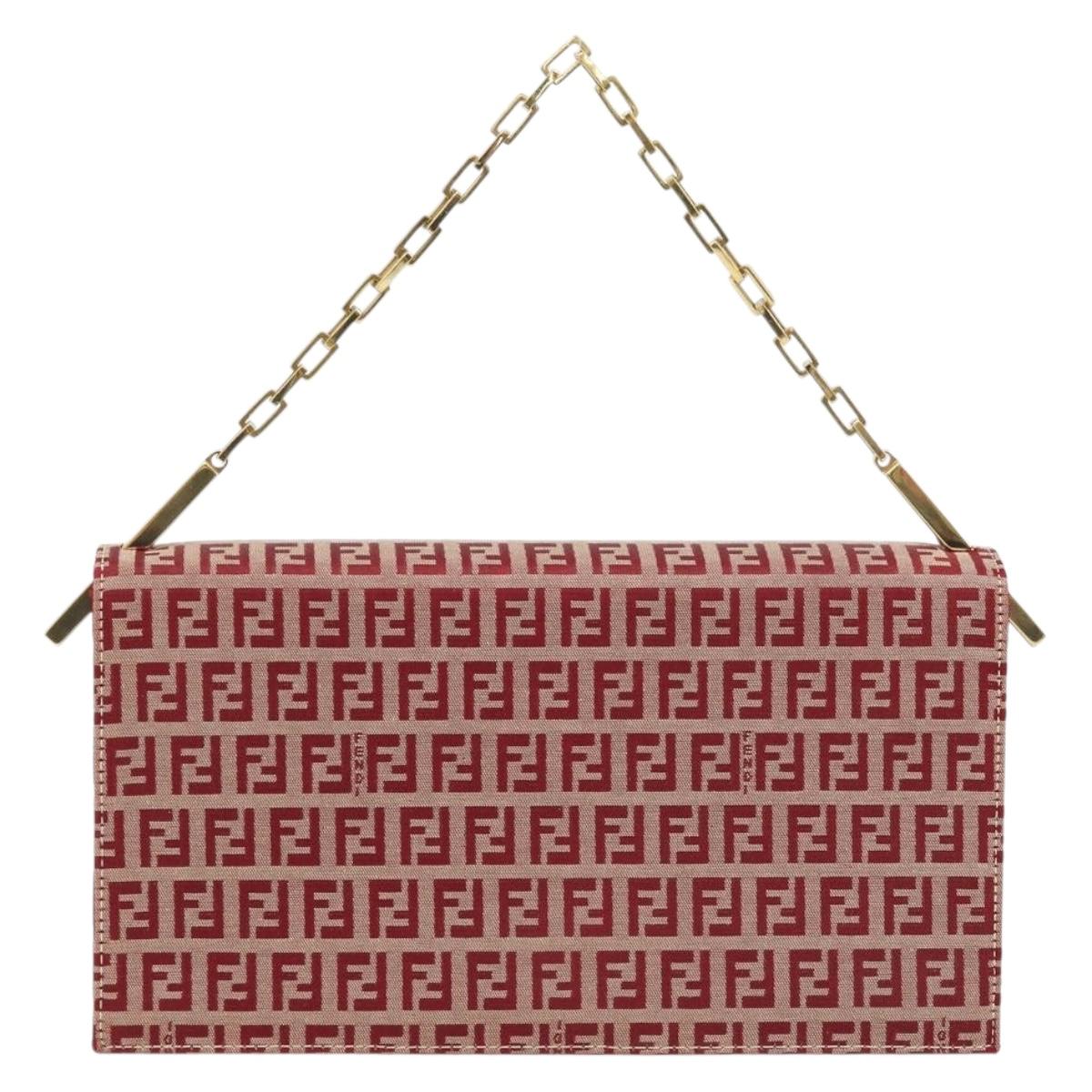 FENDI Zucchino Canvas Chain Shoulder Bag Red Gold Auth ARZ091SAV