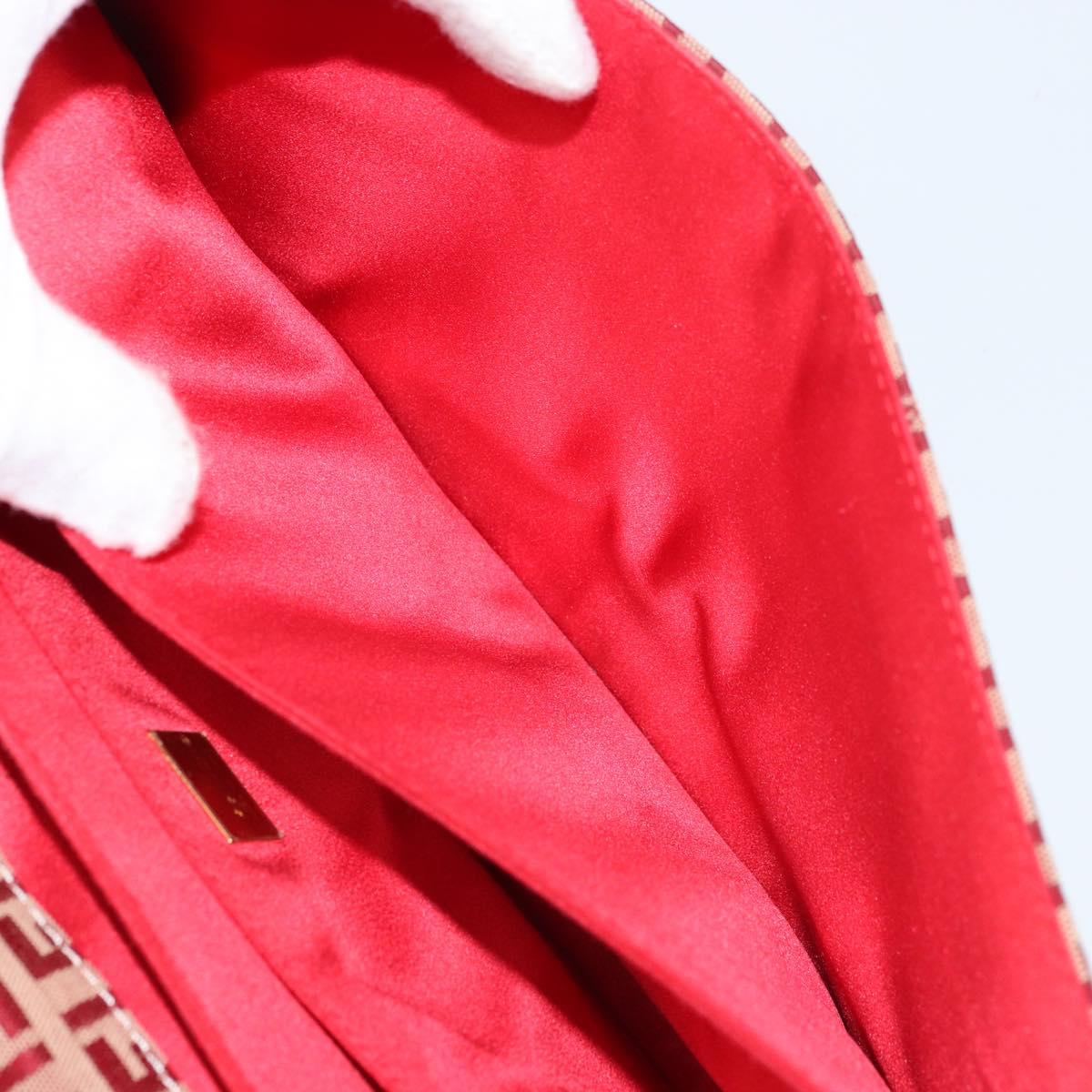 FENDI Zucchino Canvas Chain Shoulder Bag Red Gold Auth ARZ091SAV