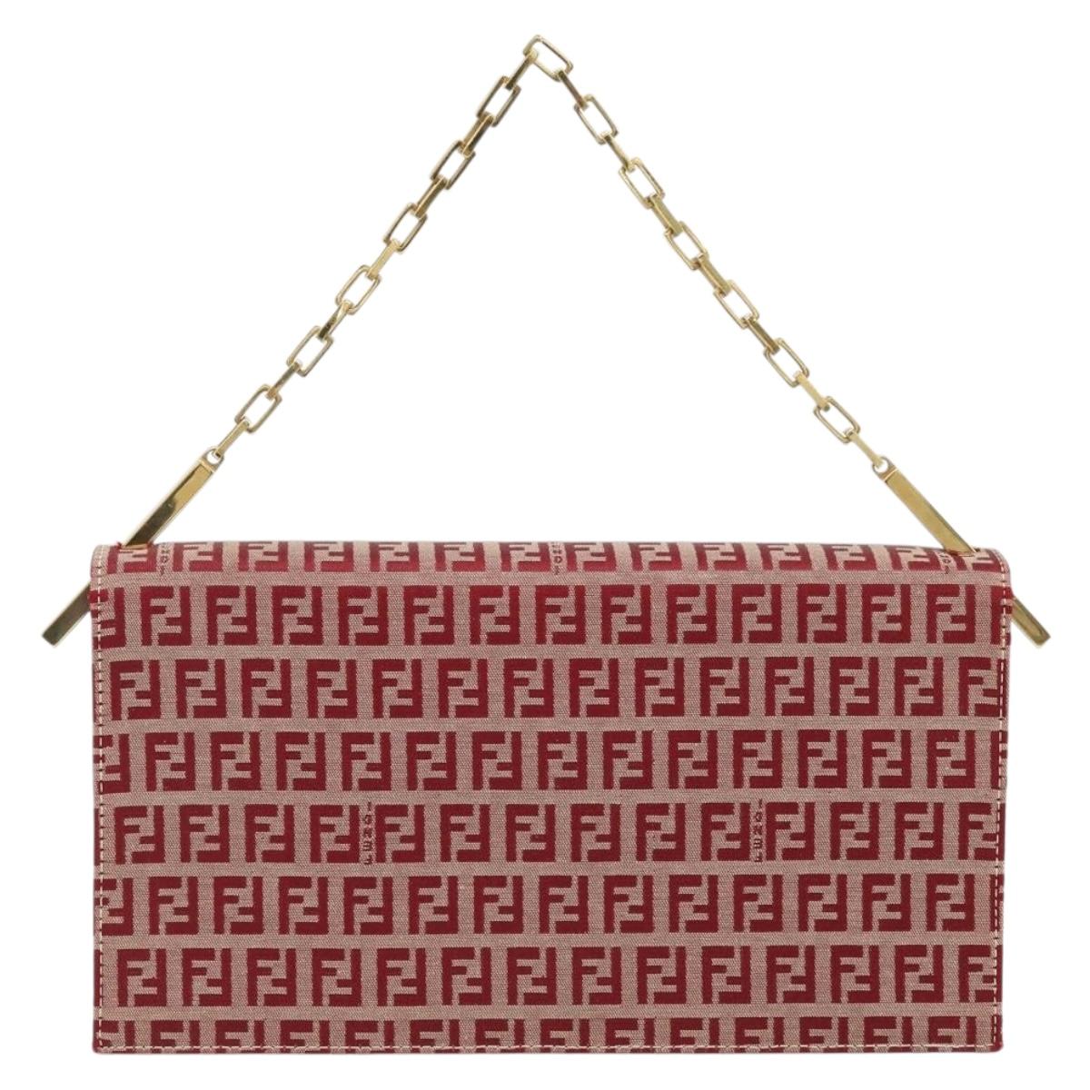 FENDI Zucchino Canvas Chain Shoulder Bag Red Gold Auth ARZ091SAV
