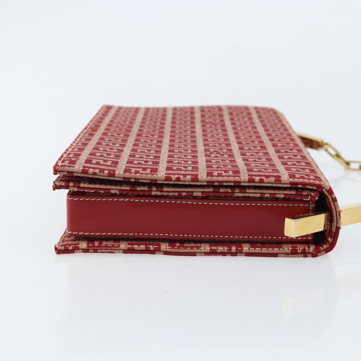 FENDI Zucchino Canvas Chain Shoulder Bag Red Gold Auth ARZ091SAV