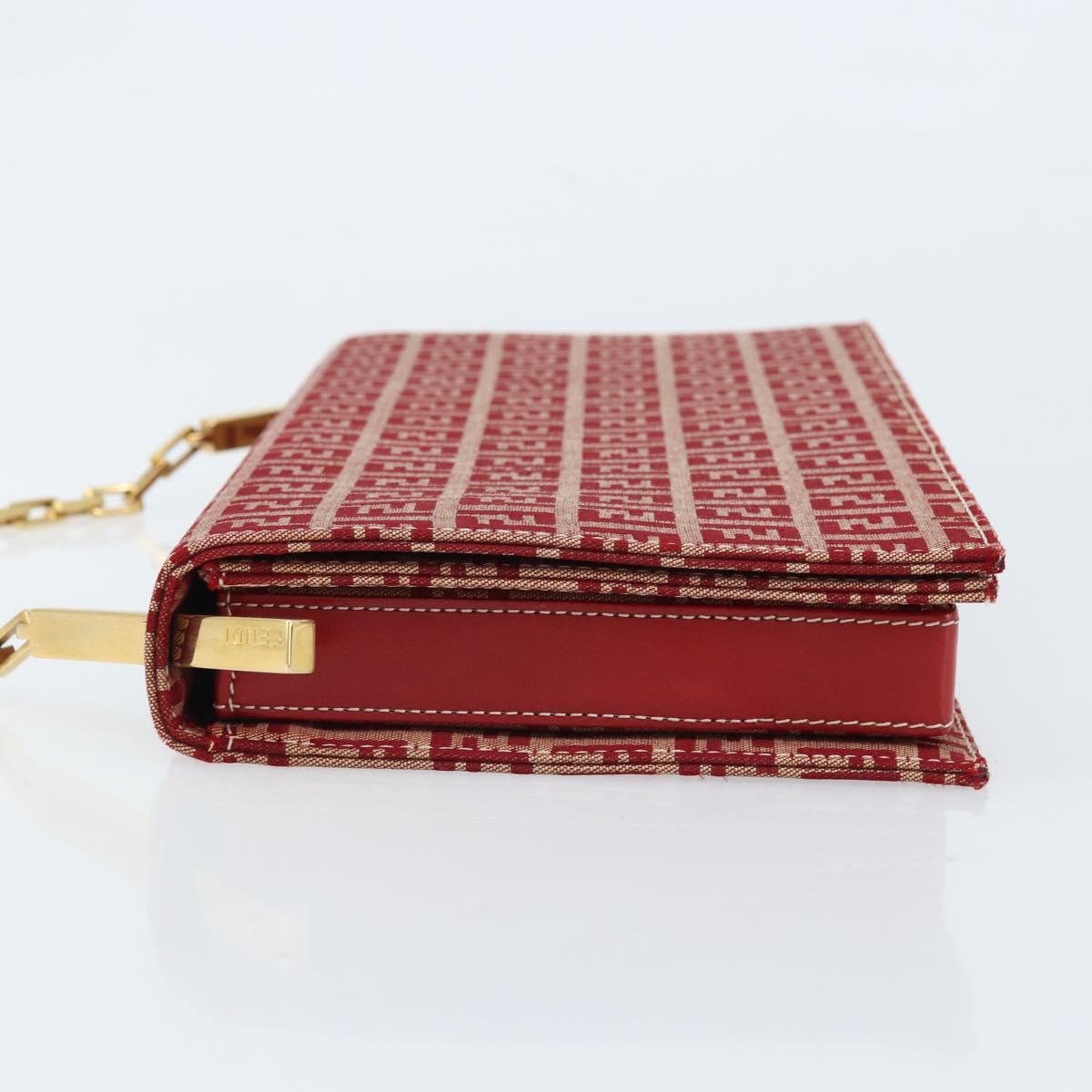 FENDI Zucchino Canvas Chain Shoulder Bag Red Gold Auth ARZ091SAV