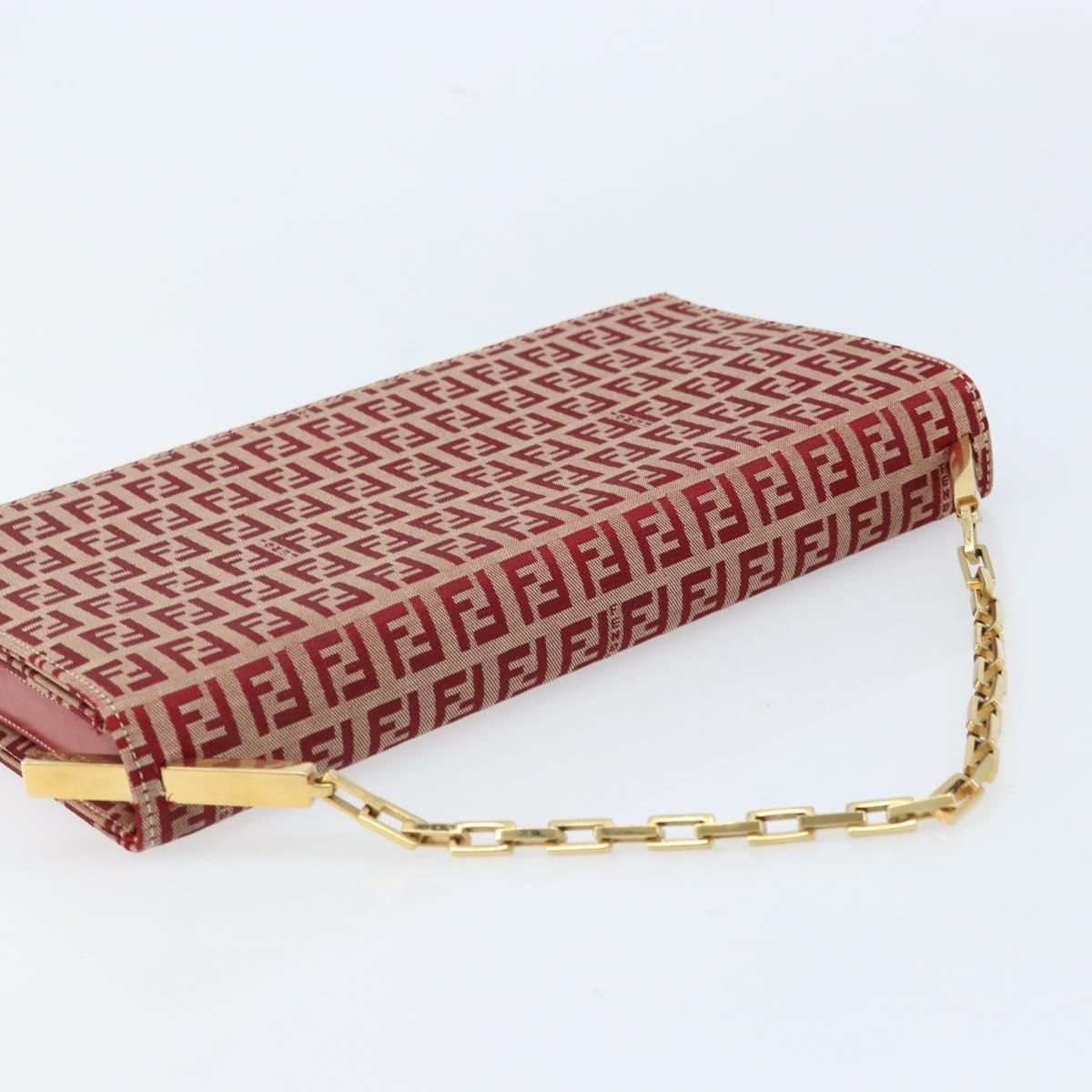 FENDI Zucchino Canvas Chain Shoulder Bag Red Gold Auth ARZ091SAV
