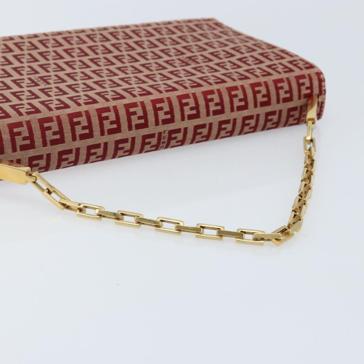 FENDI Zucchino Canvas Chain Shoulder Bag Red Gold Auth ARZ091SAV