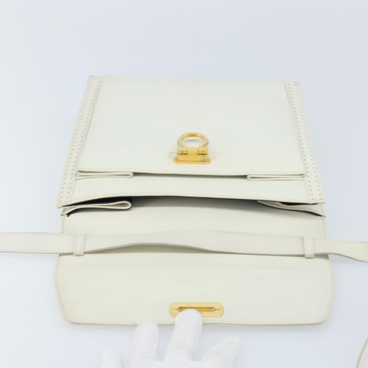 Salvatore Ferragamo Gancini Shoulder Bag Leather White Gold Auth ARZ115