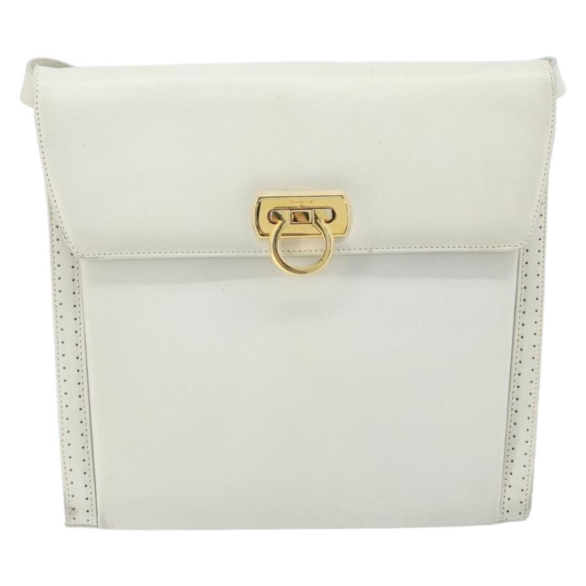 Salvatore Ferragamo Gancini Shoulder Bag Leather White Gold Auth ARZ115